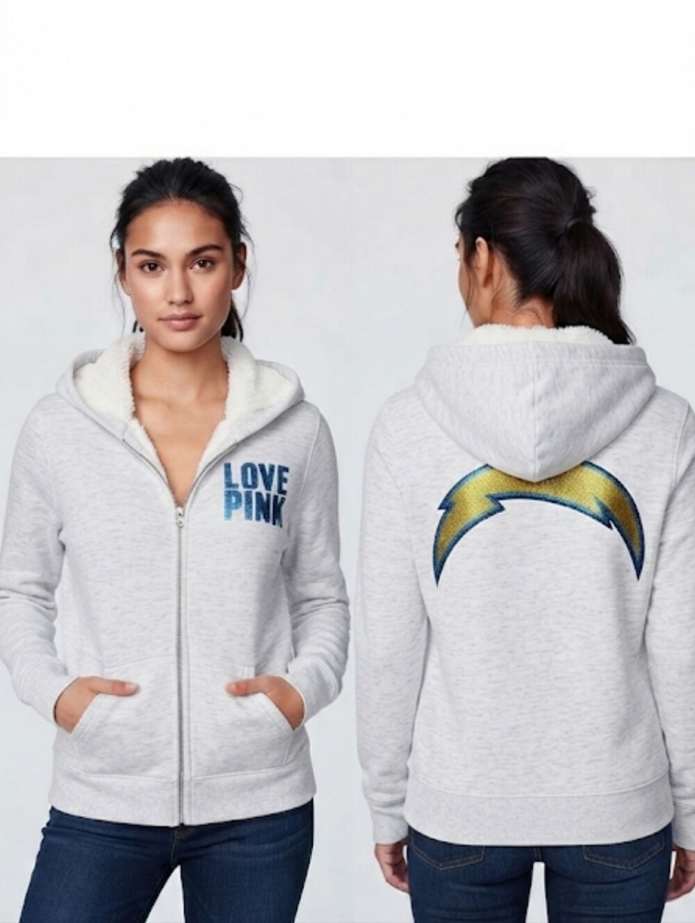 Rare VS Pink NFL LA Chargers Faux Fur Lined Zip-up Hoodie Gray Blue Medium NWOT